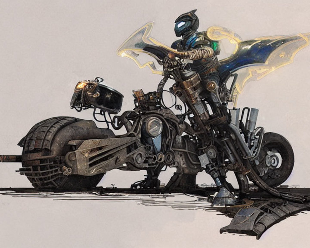 Futuristic robot with wings next to heavy-duty motorcycle