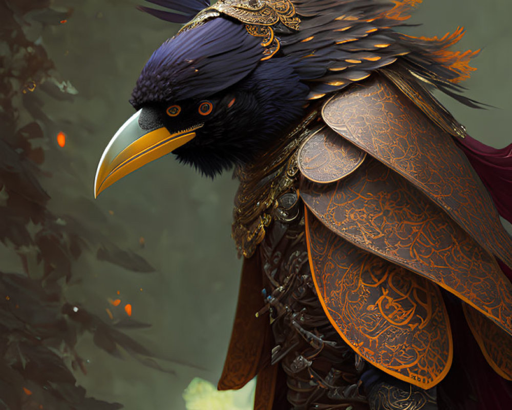 Majestic anthropomorphic bird in golden armor in misty forest