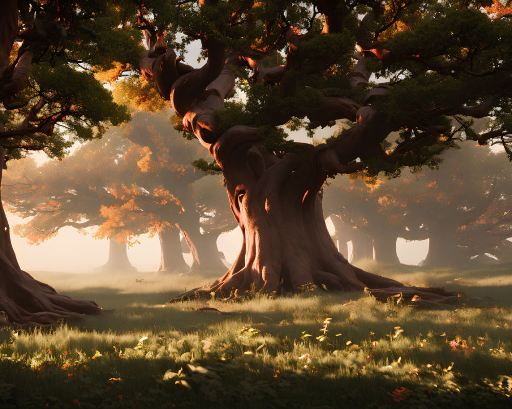 Mystical forest scene with ancient trees and warm light filtering through foliage