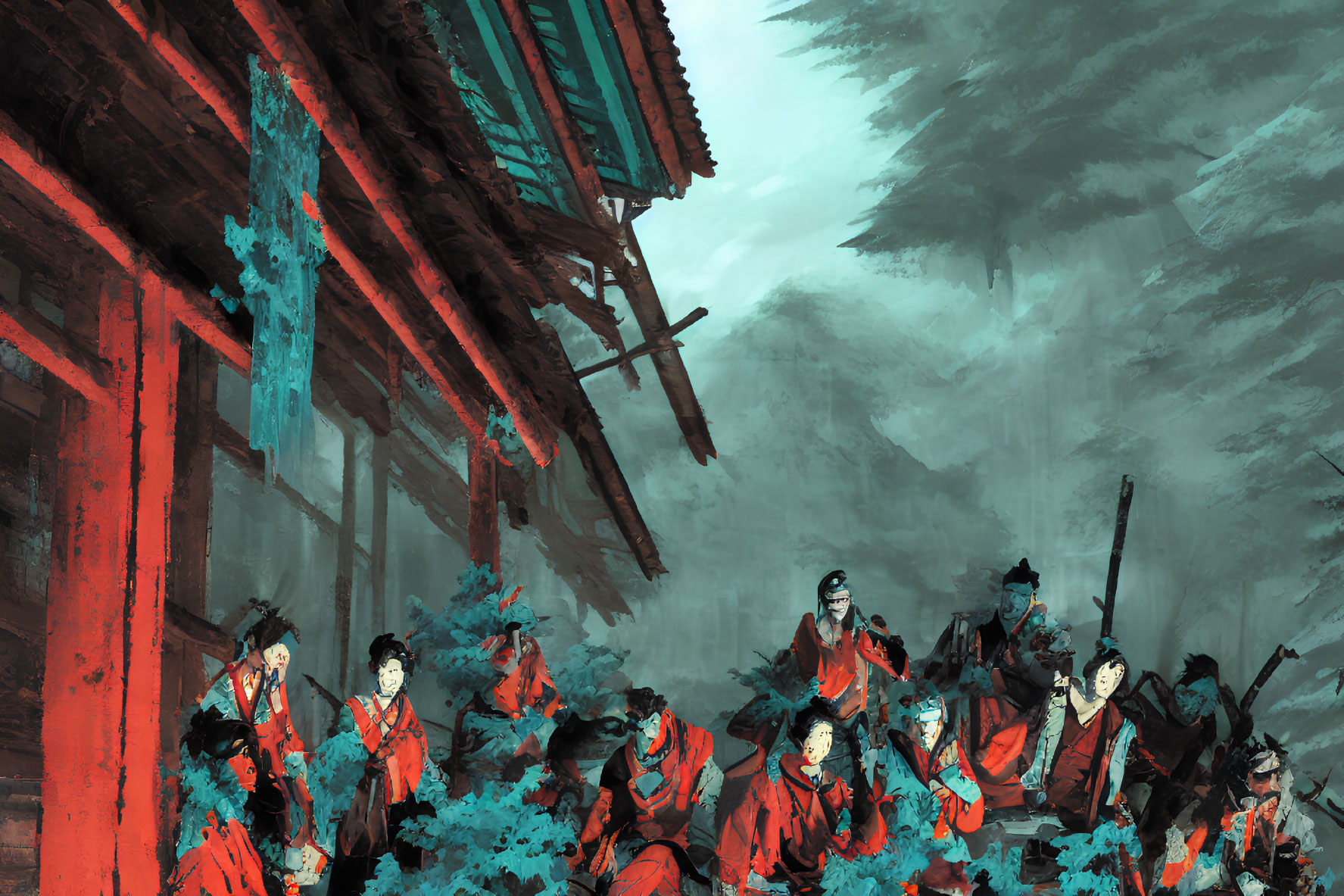 Asian warriors in red armor gather under ancient wooden building in misty forest