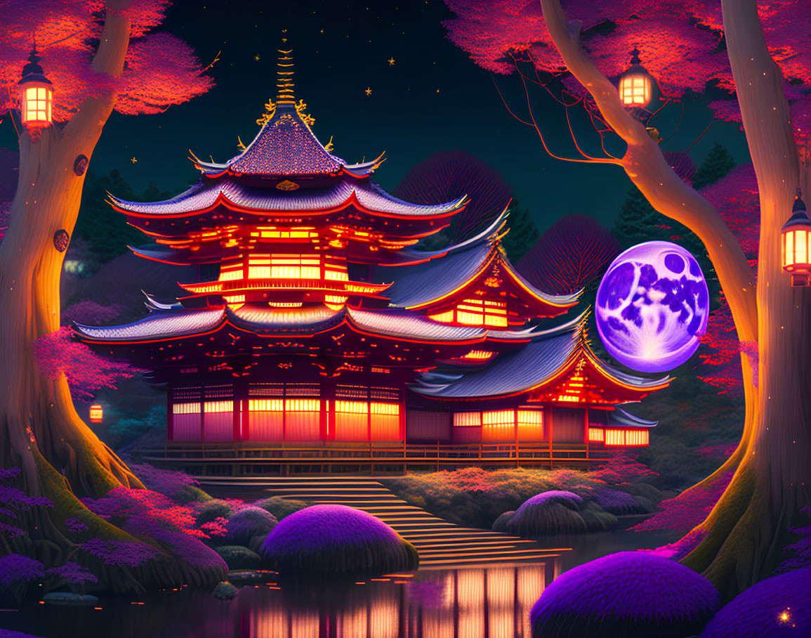 Traditional Japanese Pagoda Night Scene with Pink Foliage and Purple Moon