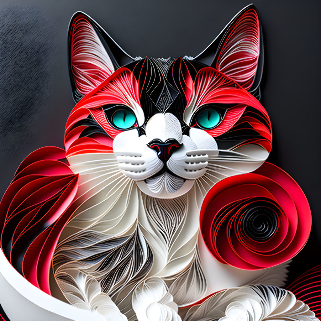 Colorful Paper Art Cat with Red, Black, and White Swirls
