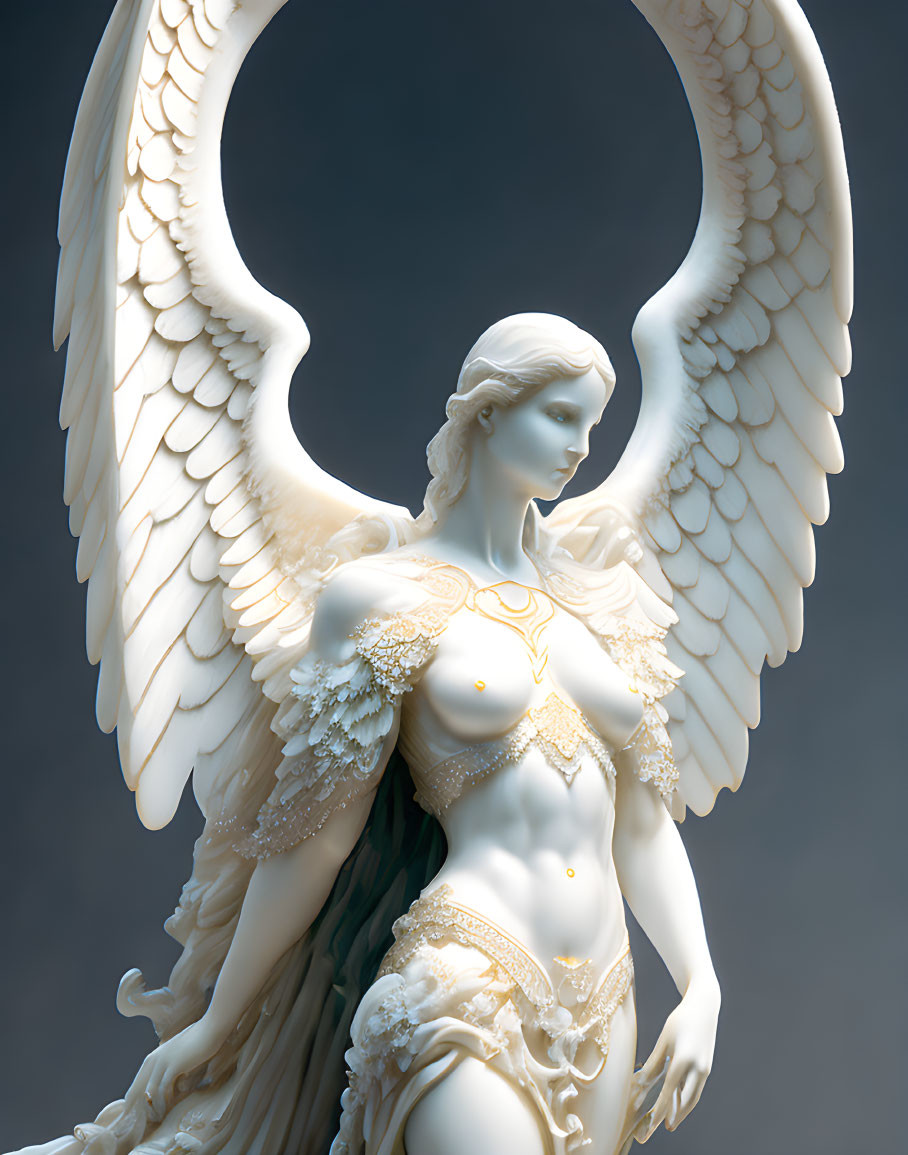 Ethereal angel statue with intricate garments and wings on grey background