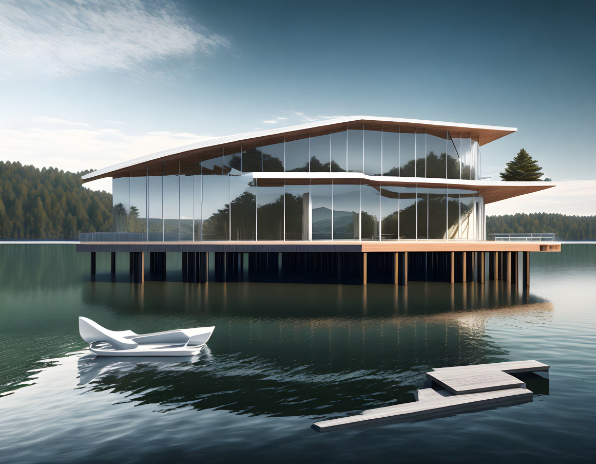 Glass house on stilts over water with boat, jetty, forest, and clear sky