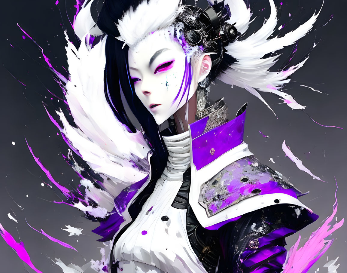 Character in White and Purple Attire with Dynamic Ink Splashes