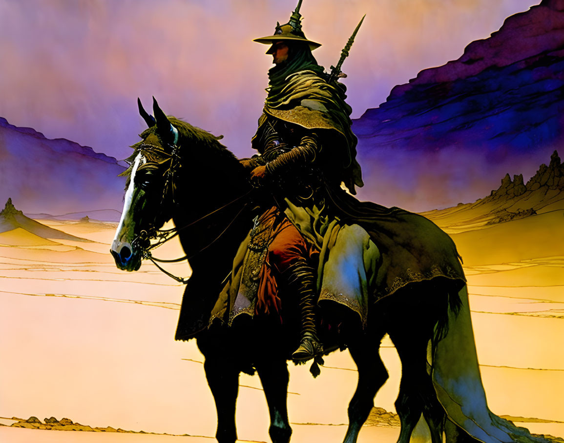 Fantasy warrior in armor on black horse under dramatic purple sky