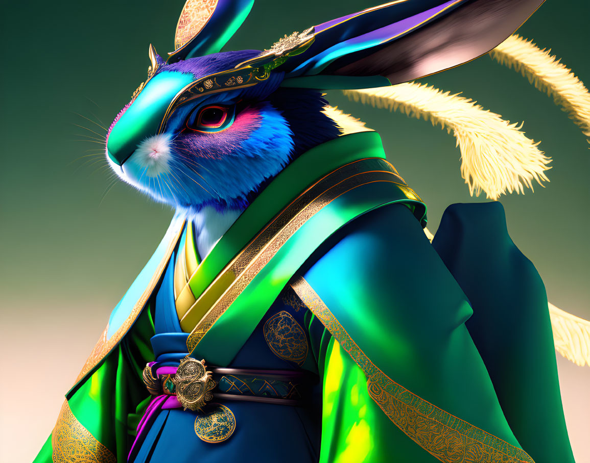 Detailed anthropomorphic rabbit in traditional Japanese samurai attire.