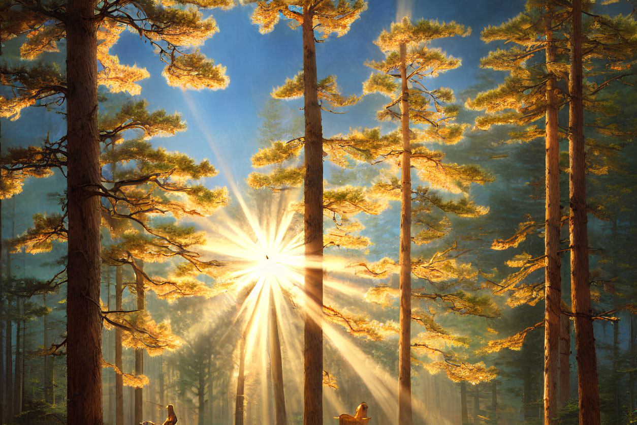 Serene forest scene with sun rays, trees, forest floor, and deer