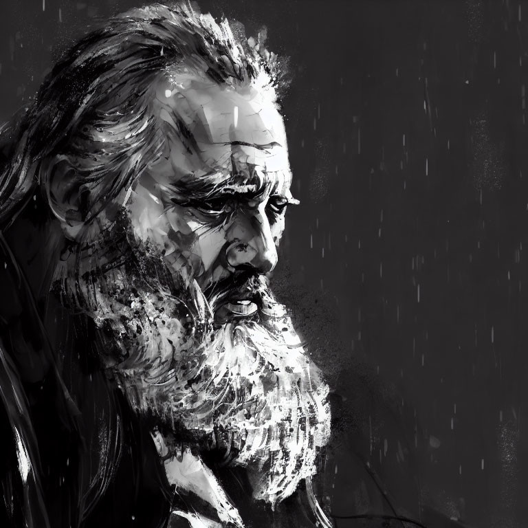 Monochromatic digital artwork of bearded man in contemplative pose.