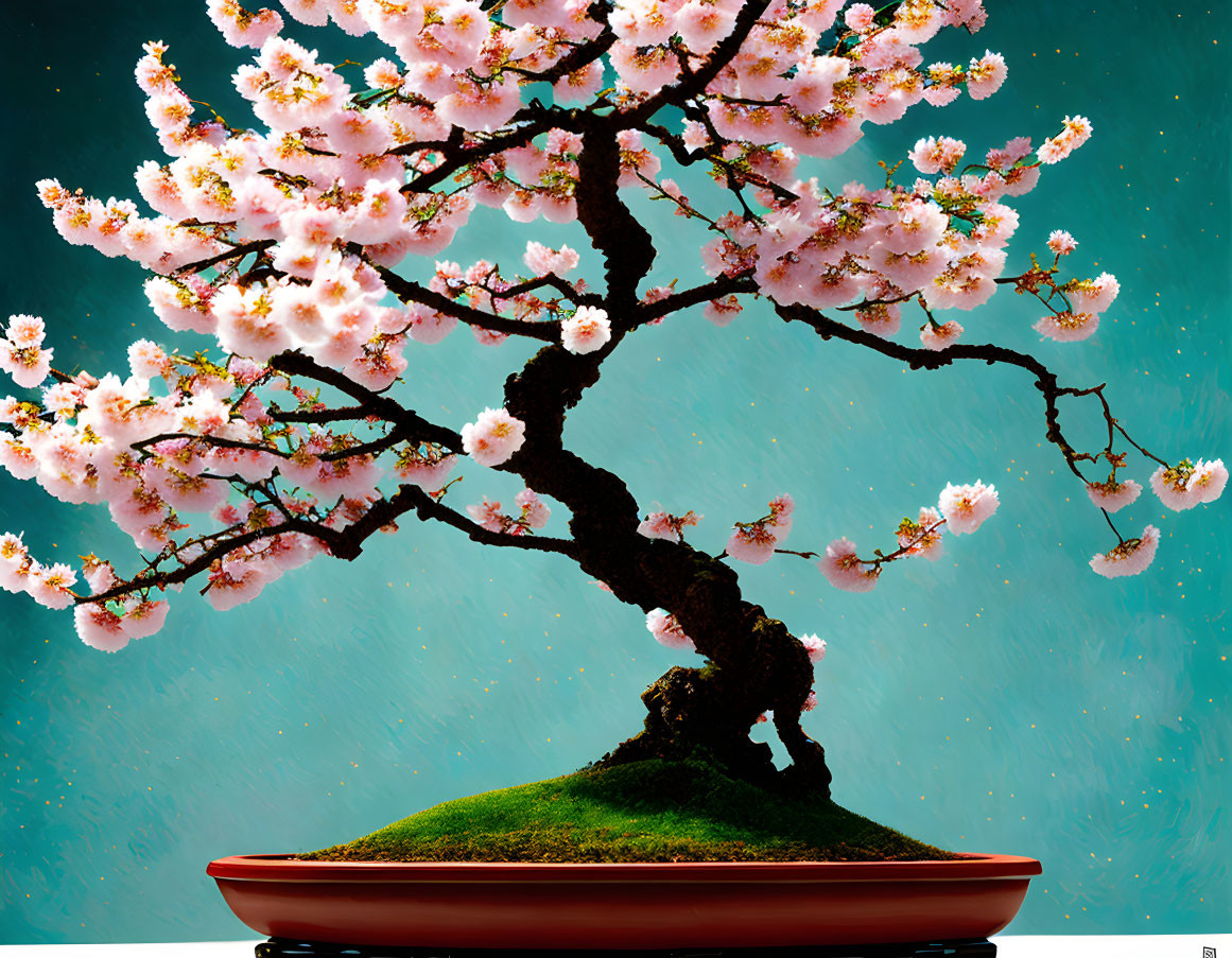 Pink Cherry Blossom Bonsai Tree in Red Pot on Teal Background