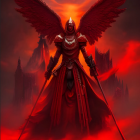 Fiery-winged figure in dark armor wields spear in flames