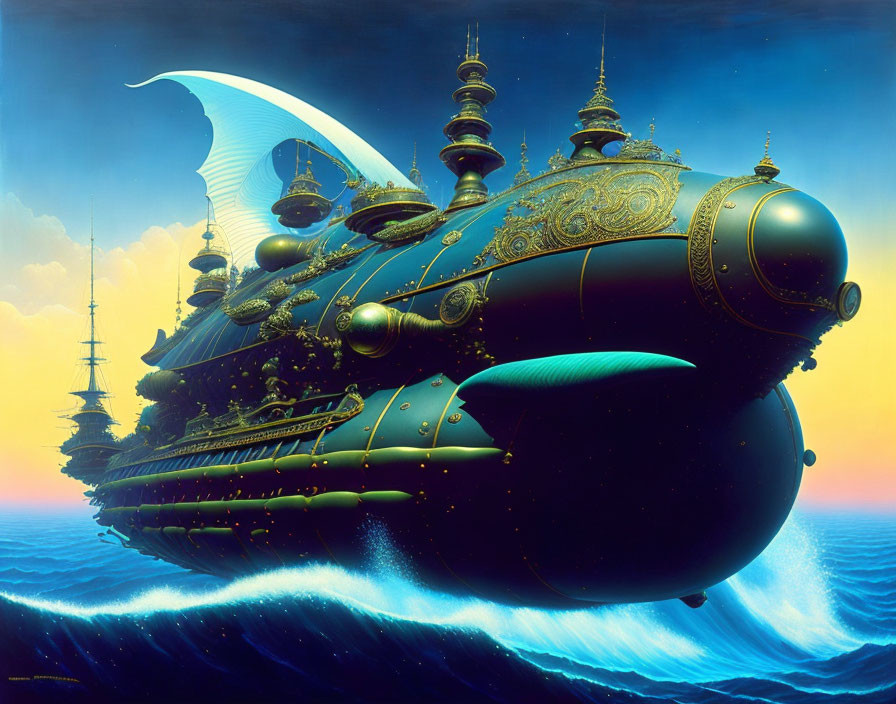 Fantastical submarine with golden designs sailing in wavy ocean