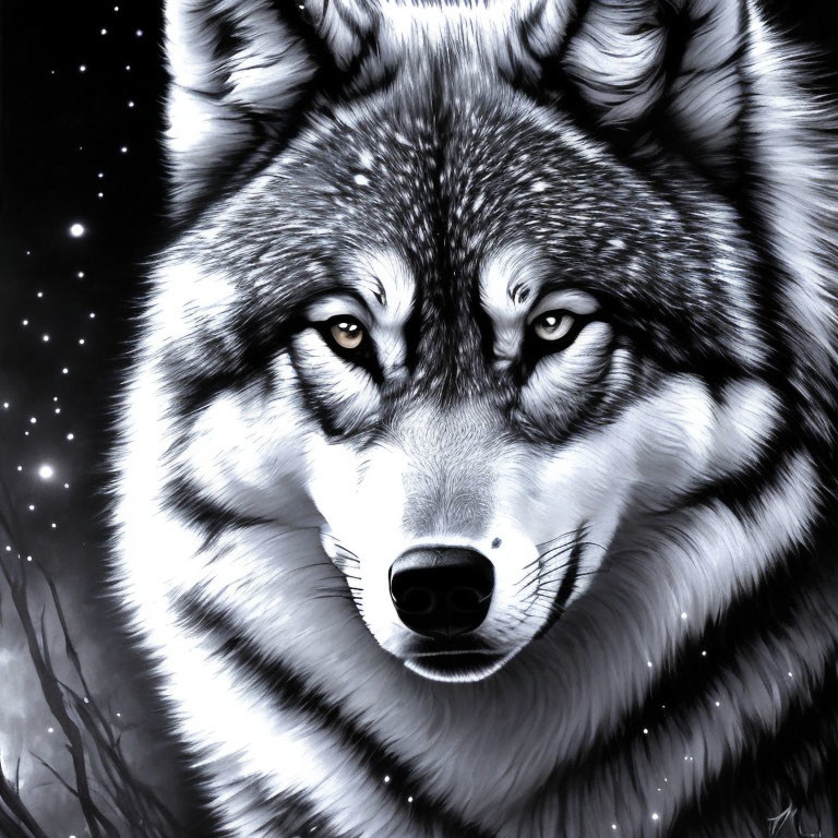 Detailed Monochrome Wolf Face Illustration with Intense Eyes