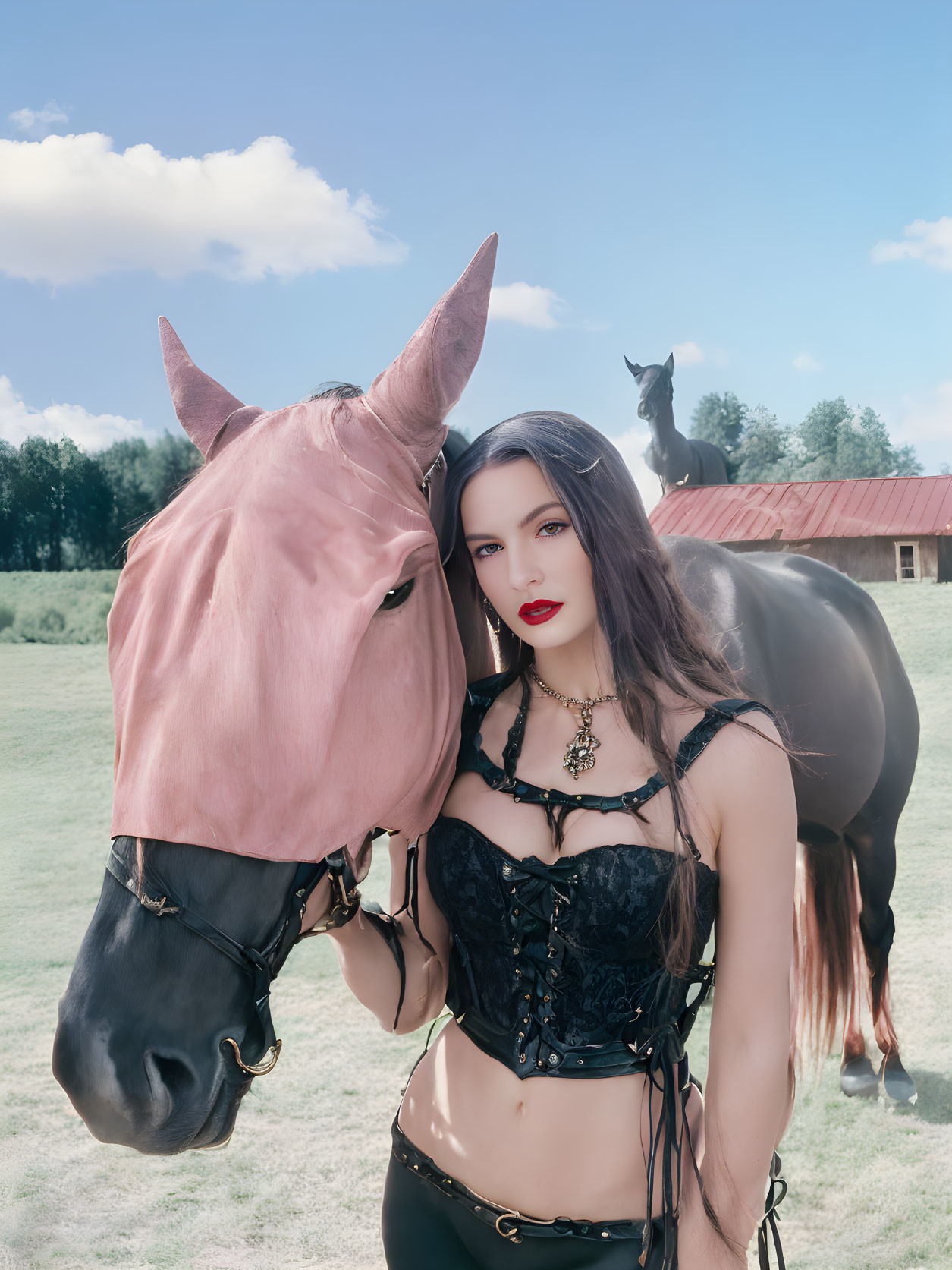 Dark-haired woman in black corset and pants beside pink-coated horse in field under blue sky