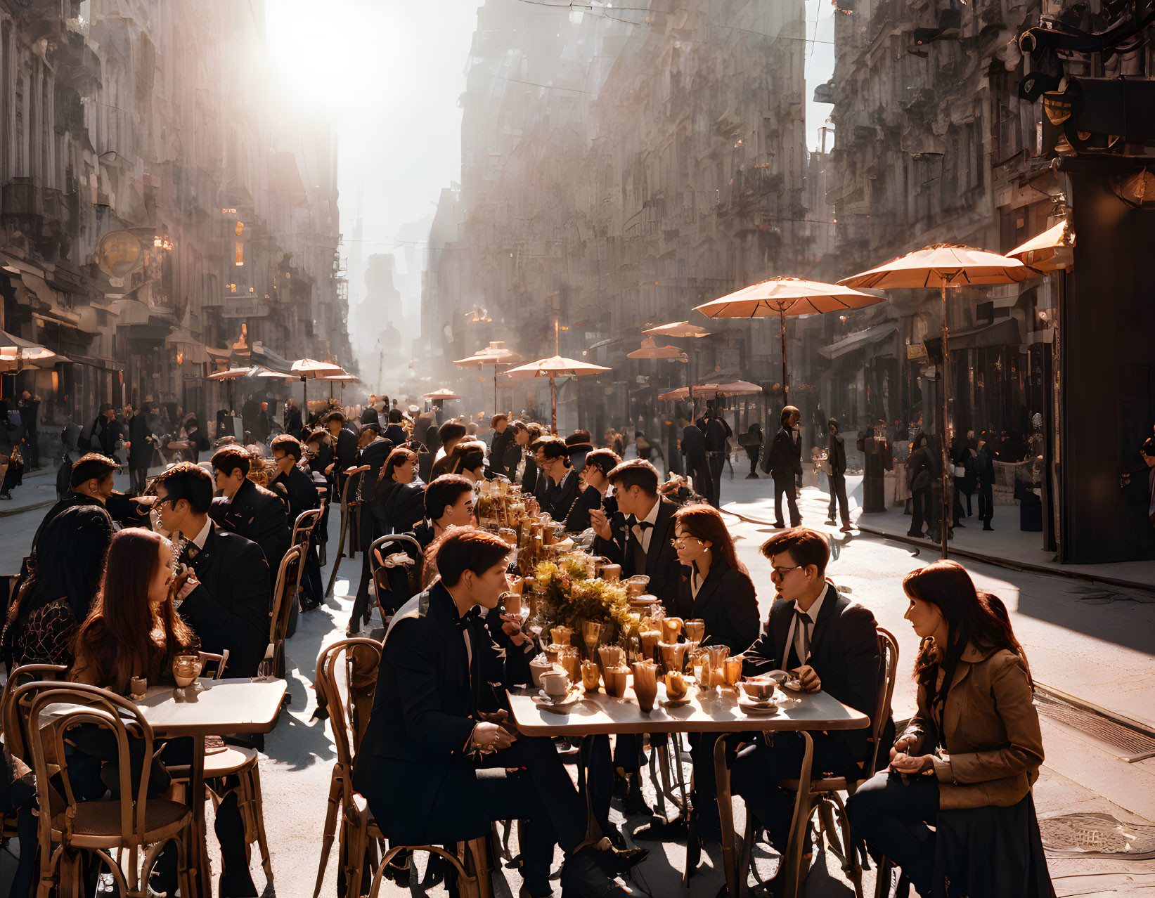 Bustling Street Outdoor Dining Scene in Golden Sunlight