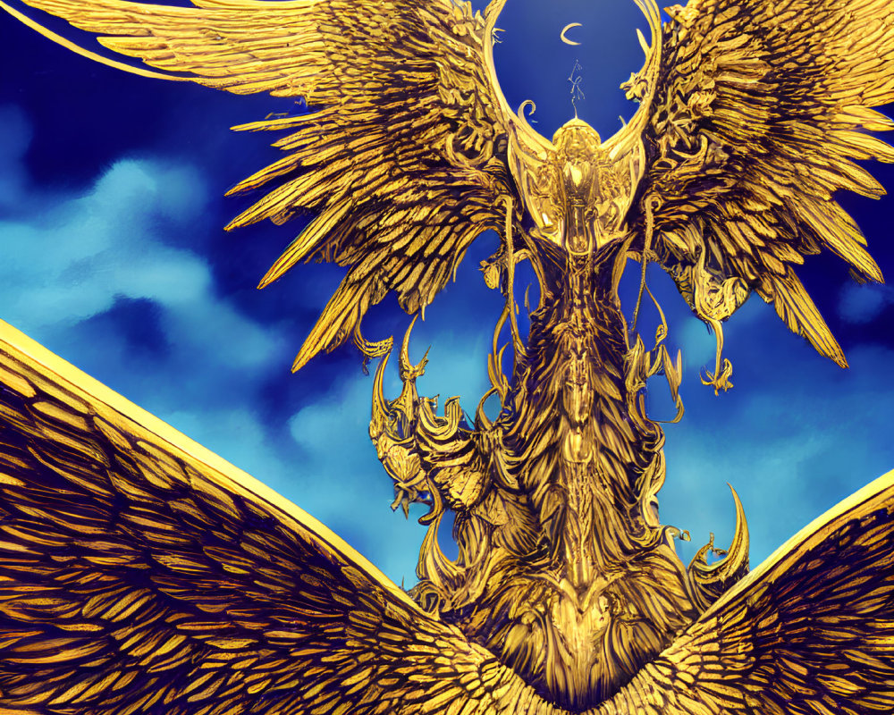 Golden dragon with expansive wings in blue sky - detailed scales and ornate horns