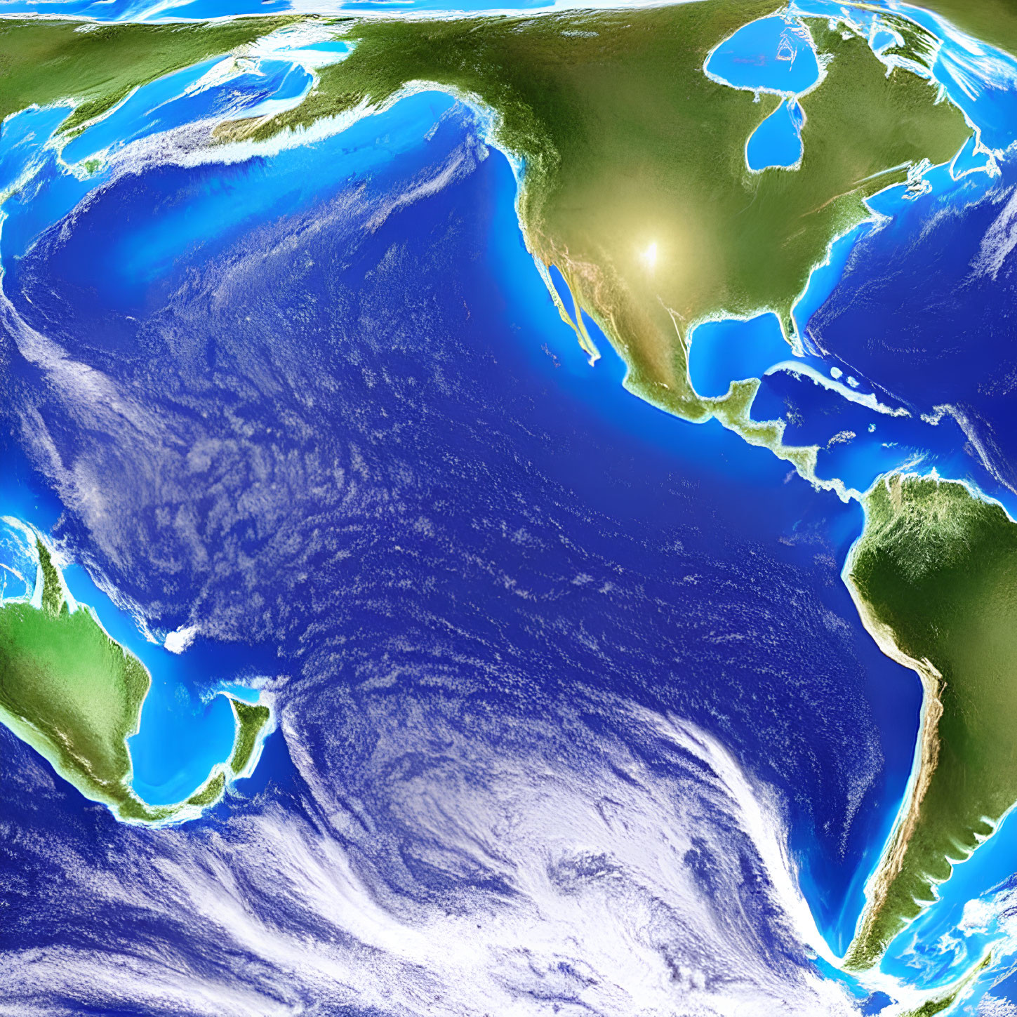 Earth's Satellite View: North & Central America, Ocean Clouds & Sun Glint