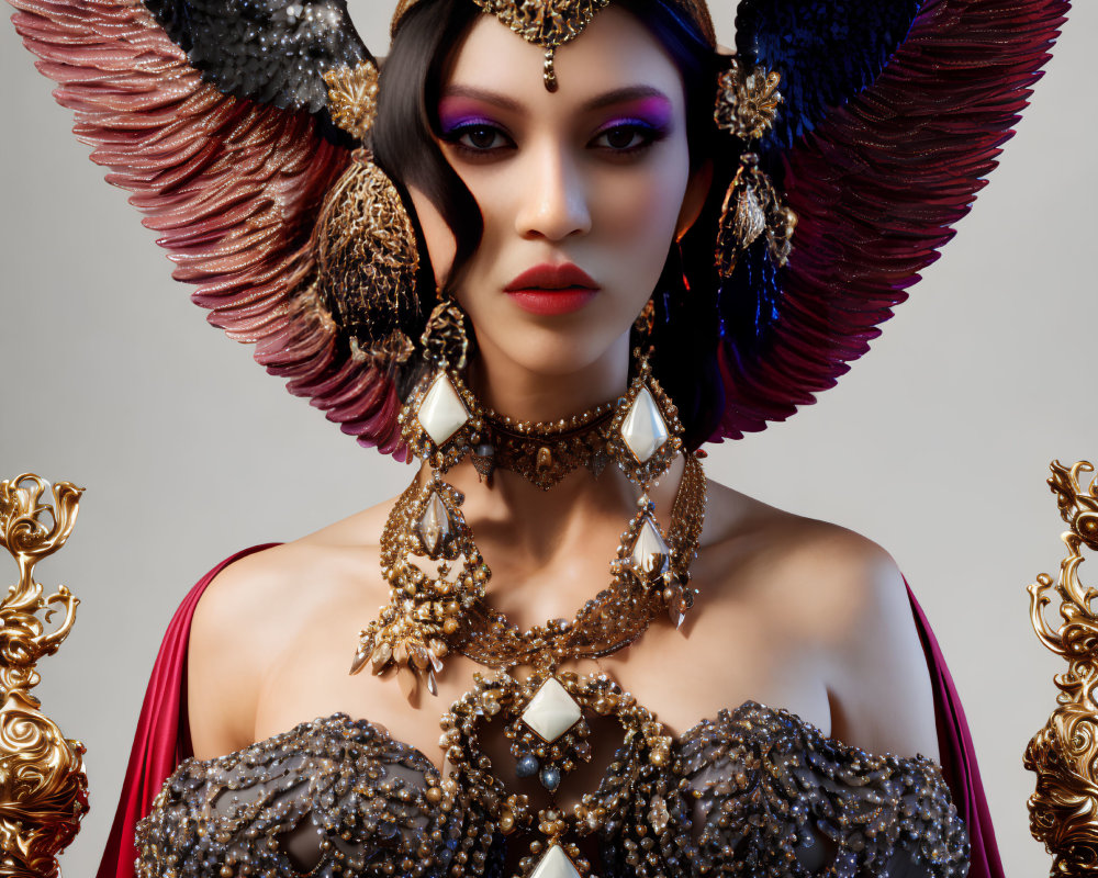 Regal woman with striking makeup in ornate jeweled outfit and feathered wings