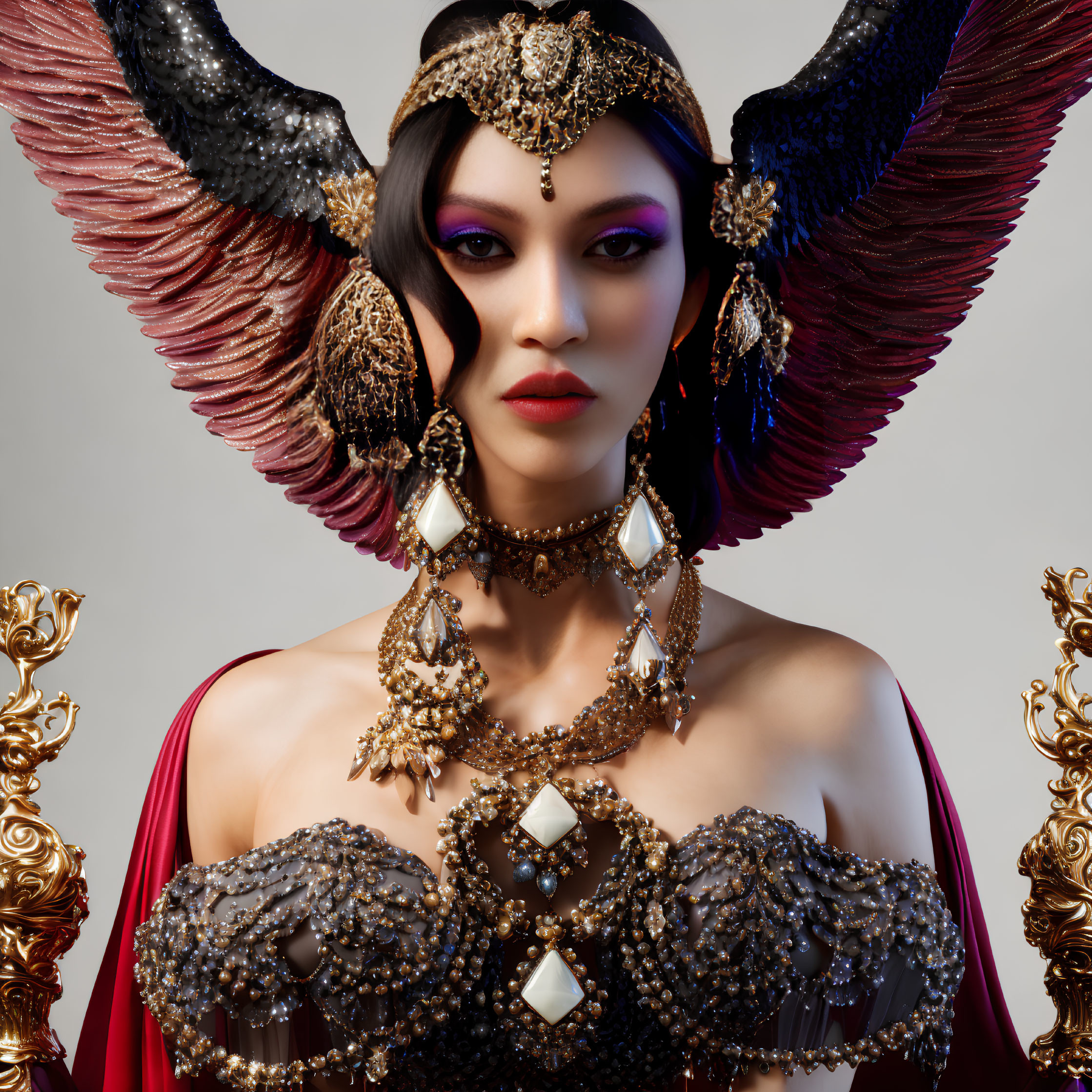 Regal woman with striking makeup in ornate jeweled outfit and feathered wings