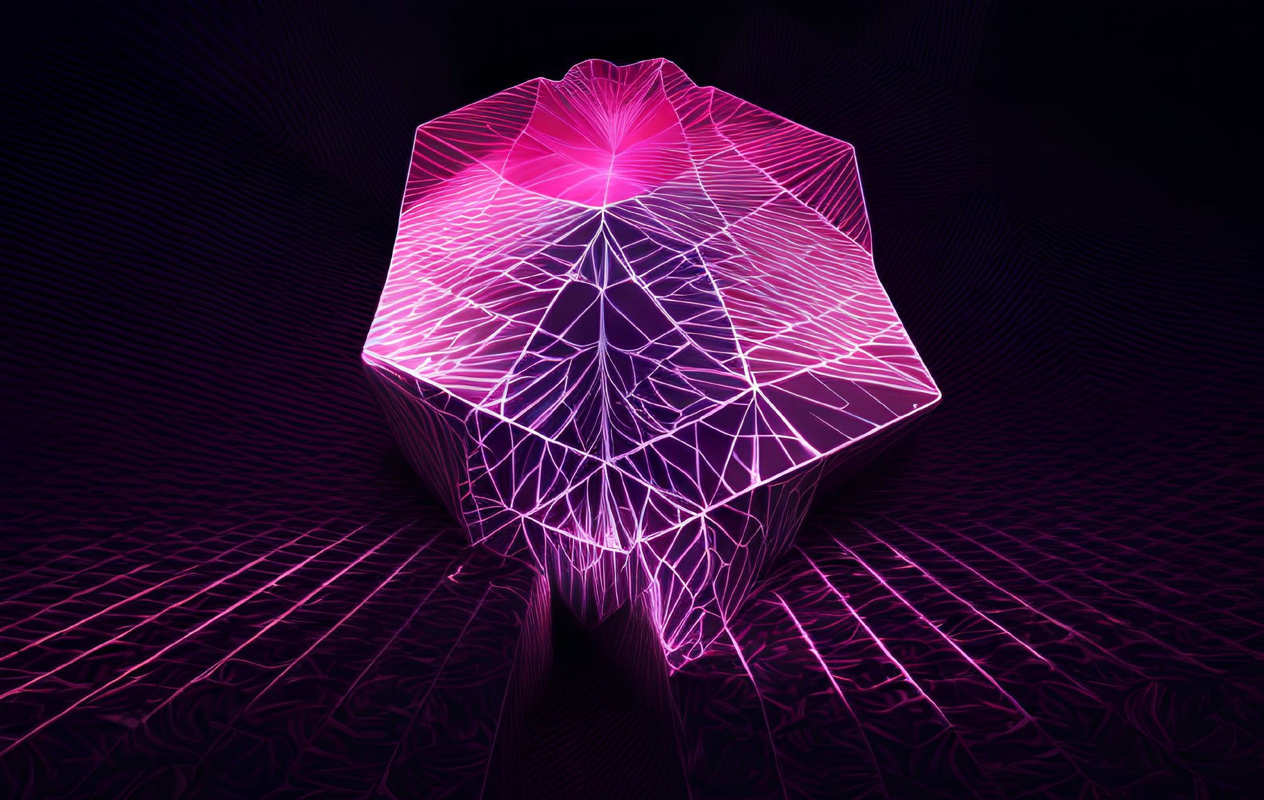 Neon pink and white 3D digital art of geometric mountain on grid