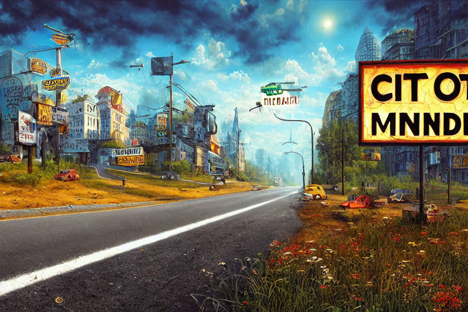 Colorful post-apocalyptic urban scene with dilapidated buildings and overgrown vegetation