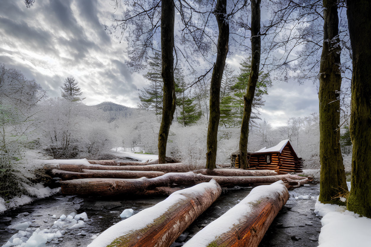 Snow-covered winter cabin surrounded by trees and frozen stream under cloudy sky