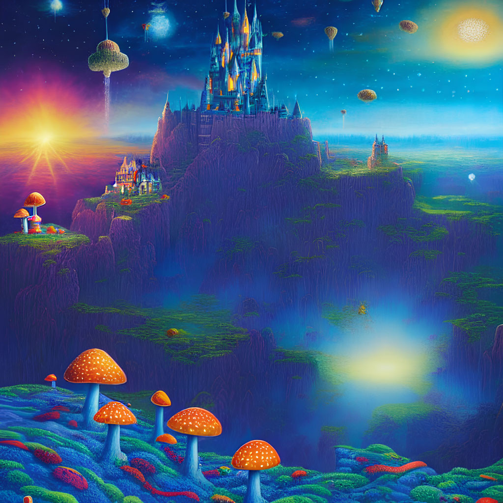 Vibrant fantasy sunrise scene with castle, floating islands, starry sky, and giant mushrooms