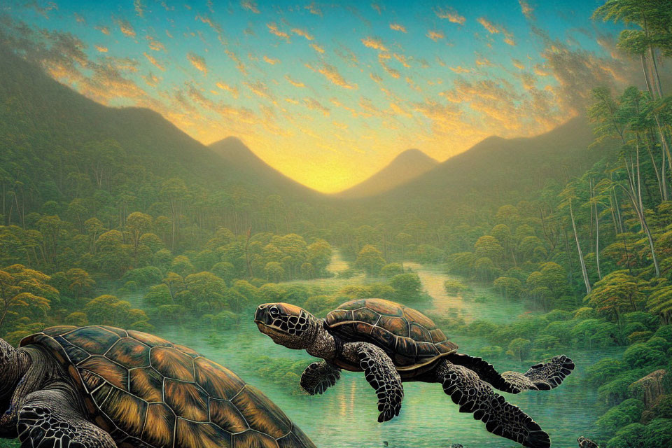 Turtles in lush forest with mountains at sunset