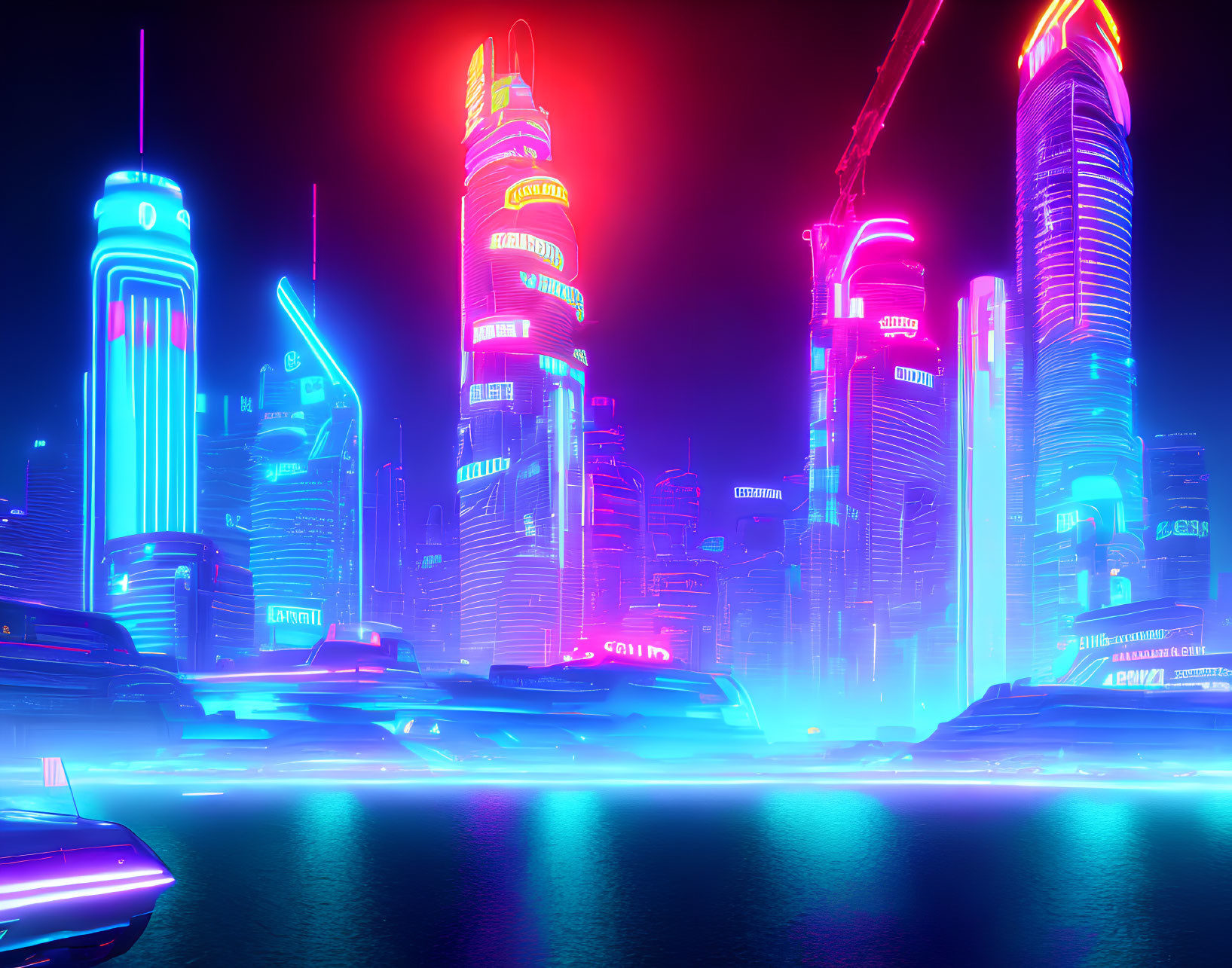 Neon-lit skyscrapers and flying cars in futuristic cityscape