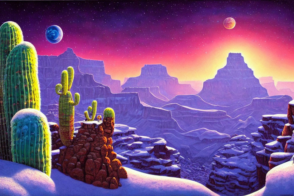 Desert landscape with cacti, snow, rock formations, and two planets at sunset