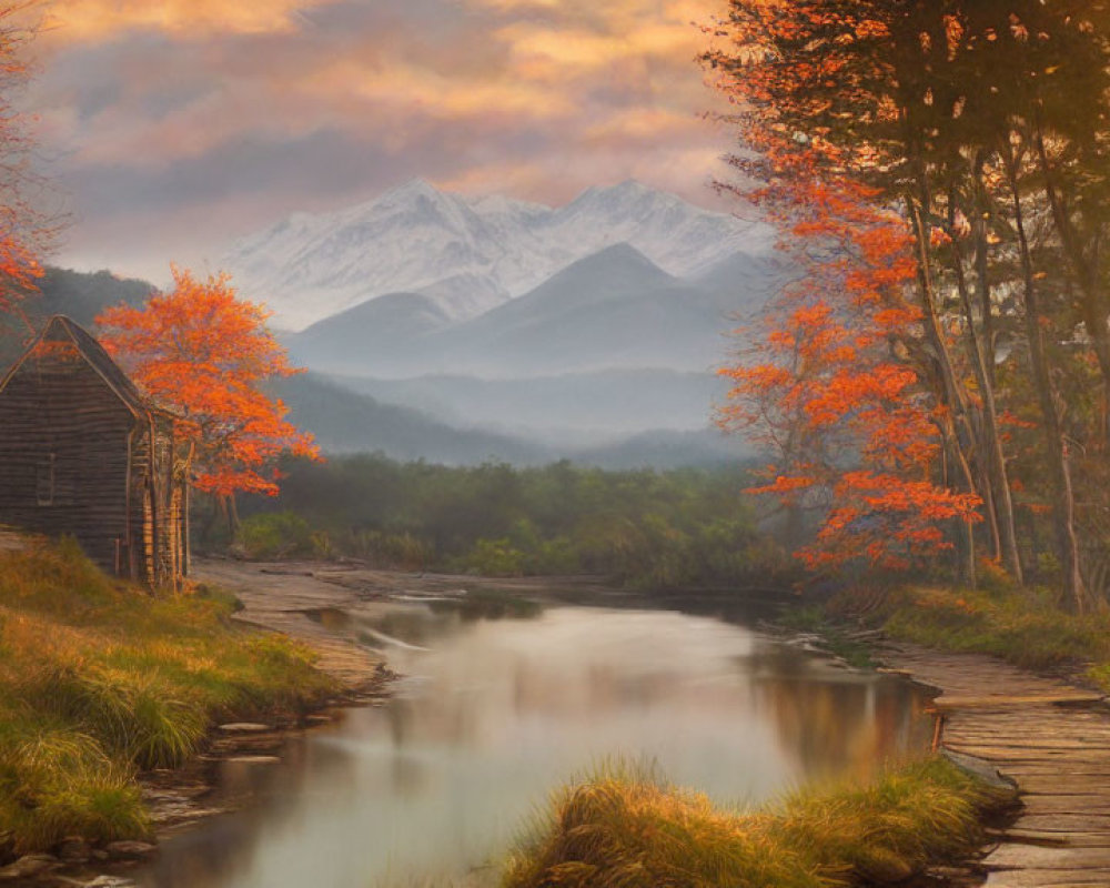 Tranquil autumn landscape with cabin, stream, orange trees, and snowy mountains