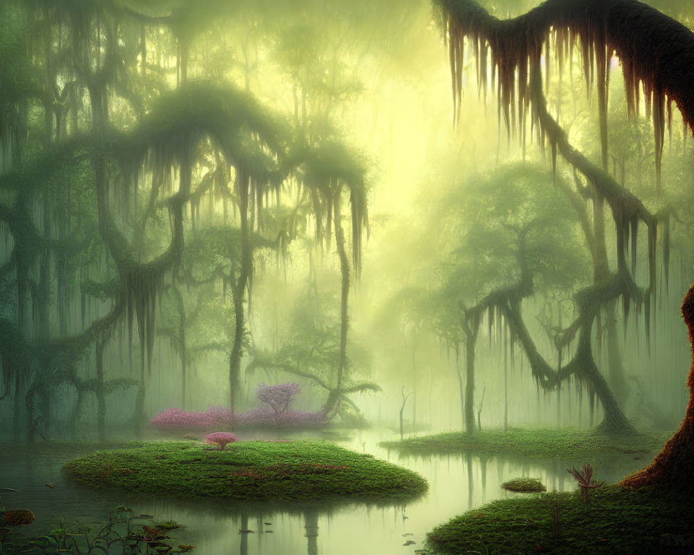 Misty swamp with Spanish moss, pink bush, and green light