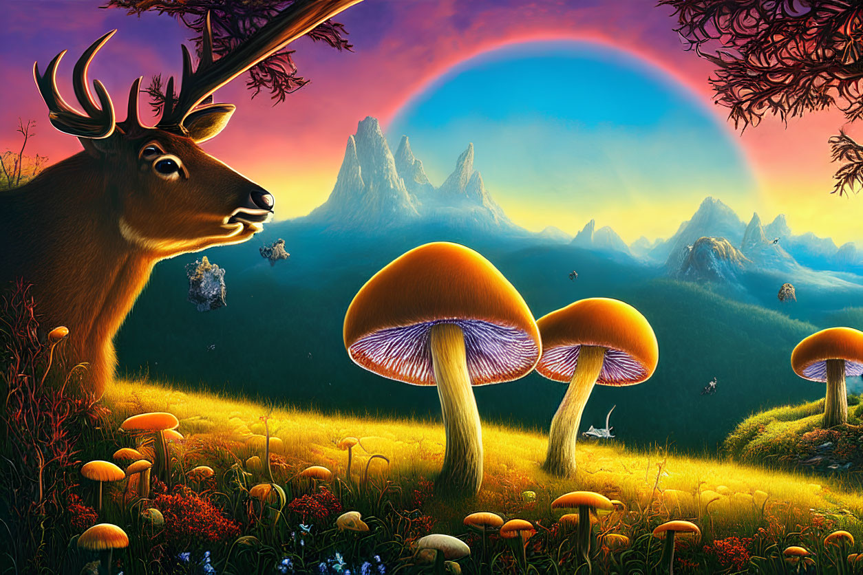 Vibrant surreal landscape with oversized mushrooms, whimsical deer, radiant sunset, and rainbow-hued