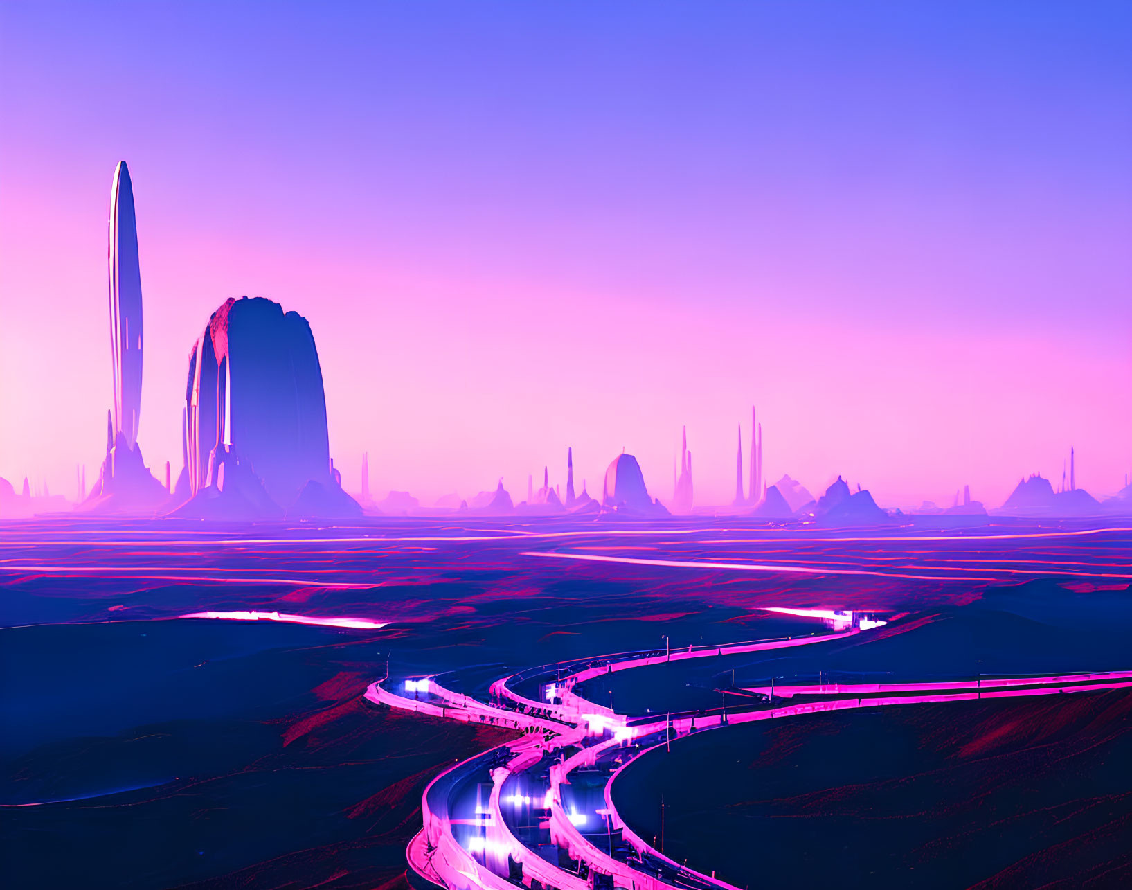 Futuristic cityscape at dusk with neon lights and towering spires