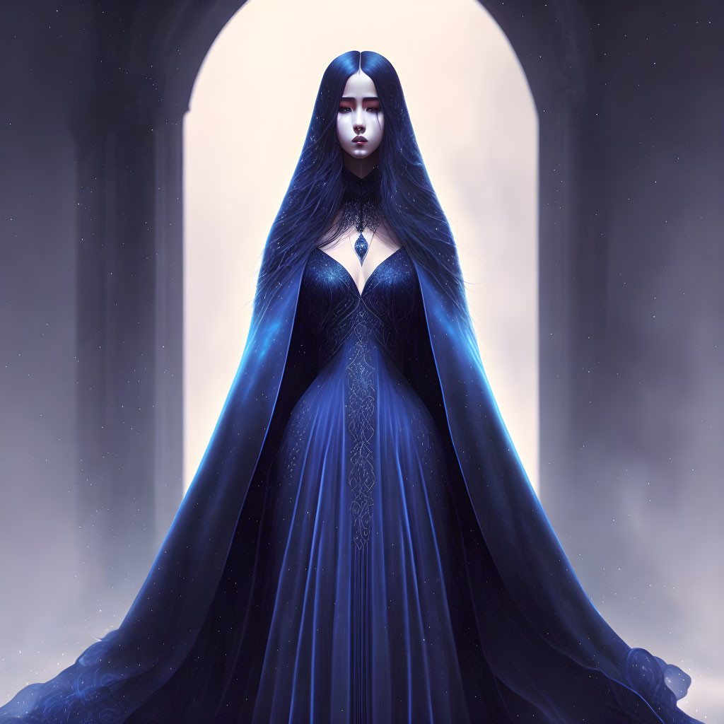 Mystical woman in dark blue gown standing in stone doorway