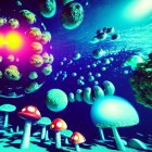 Vibrant fantasy sunrise scene with castle, floating islands, starry sky, and giant mushrooms
