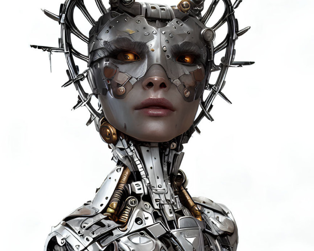 Detailed Female Robot Illustration with Intricate Metal Headgear and Body