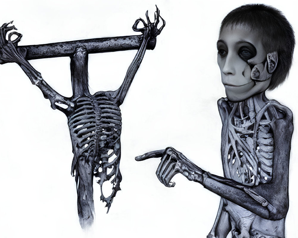 Surreal Artwork: Child with Oversized Skull Head and Hanging Skeleton