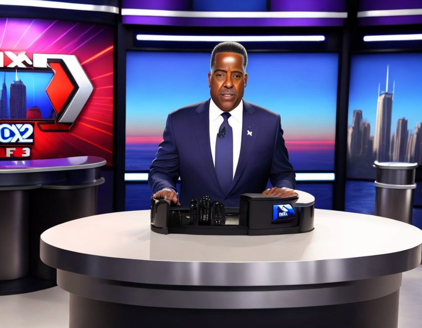 Television studio news anchor at desk with city skyline and "X2" screen graphics