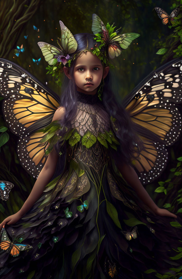 Young girl with butterfly wings and leaf dress in mystical forest.