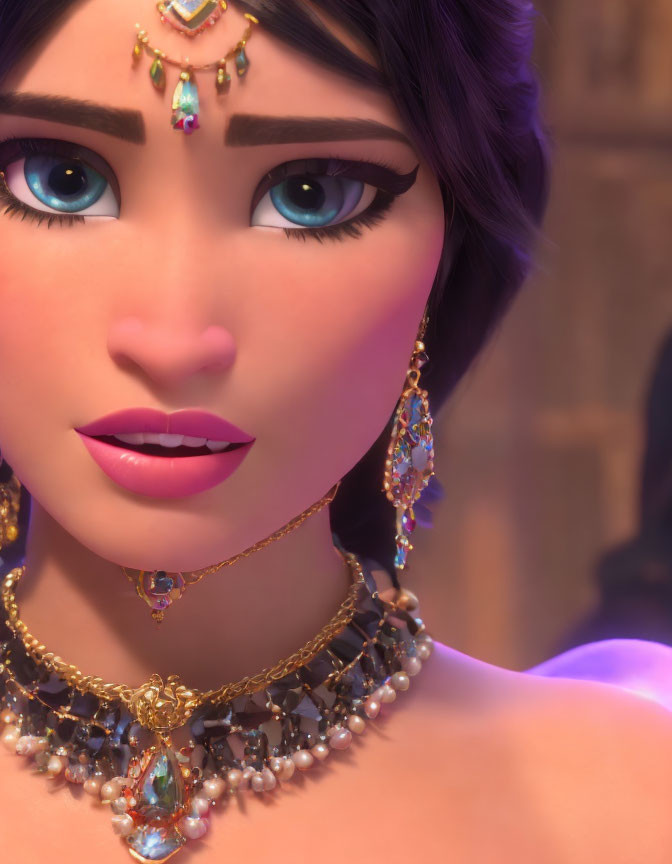 Detailed 3D animated female character with blue eyes and ornate jewelry