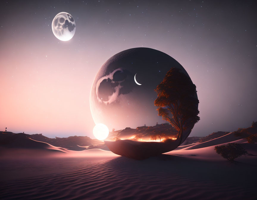 Surreal landscape with large moon, glowing orb, lone tree, desert sand, starry sky