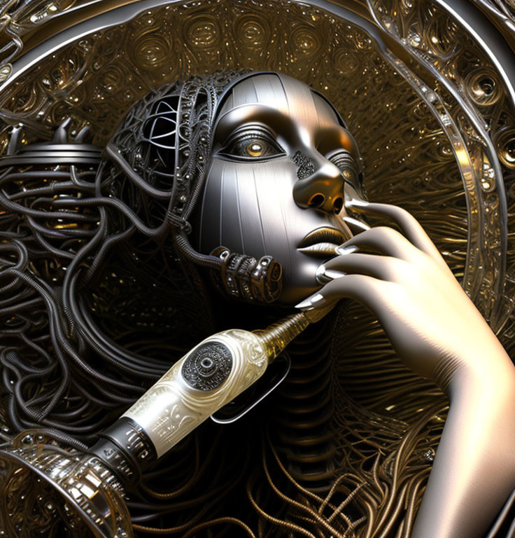 Detailed 3D Illustration of Female Android with Golden and Black Features and Mechanical Designs