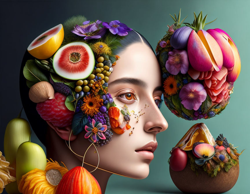 Colorful digital artwork: Woman's face merged with fruits, vegetables, and flowers