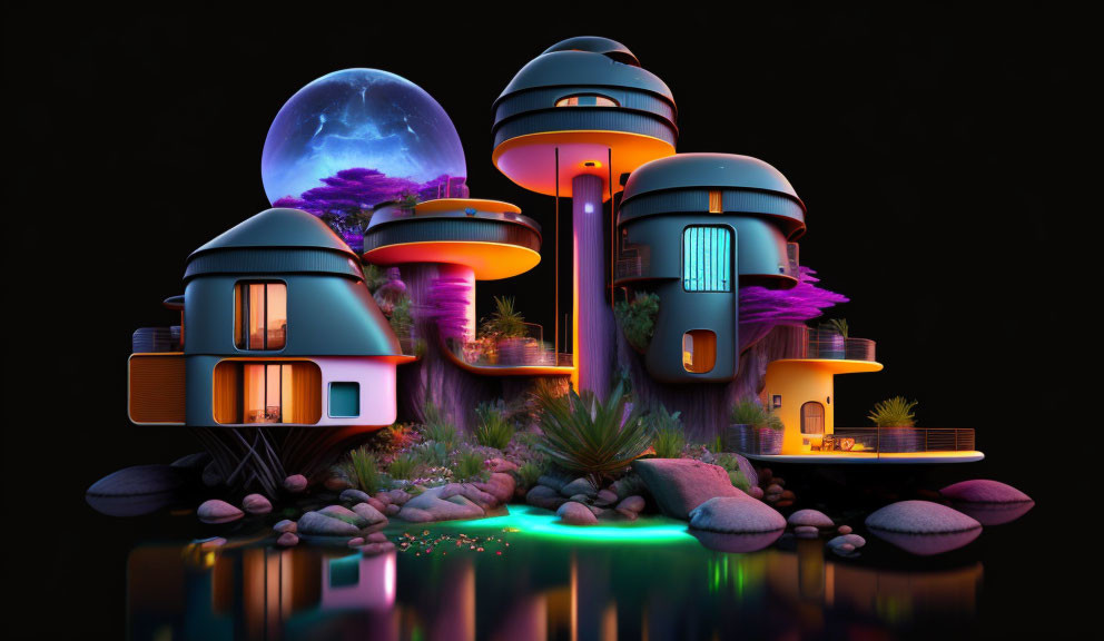 Futuristic Glowing Homes on Tranquil Alien Landscape