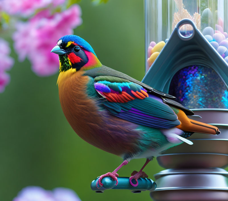 Colorful Bird with Rainbow Feathers and Blue Sneakers on Bird Feeder in Floral Setting