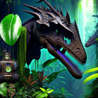 Digital artwork: Mechanical triceratops in lush futuristic jungle