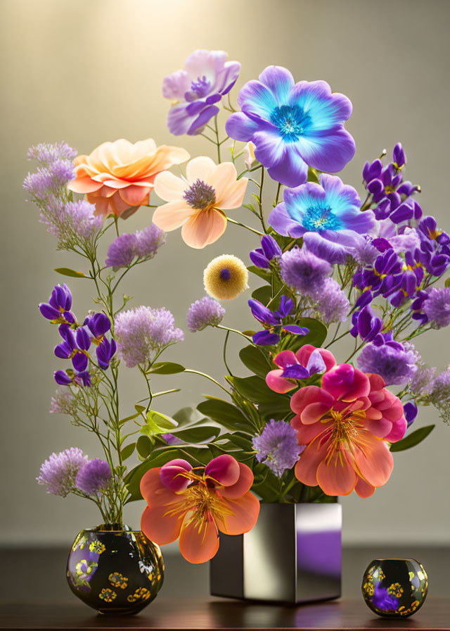 Vibrant Flower Bouquet in Two Vases with Soft Lighting