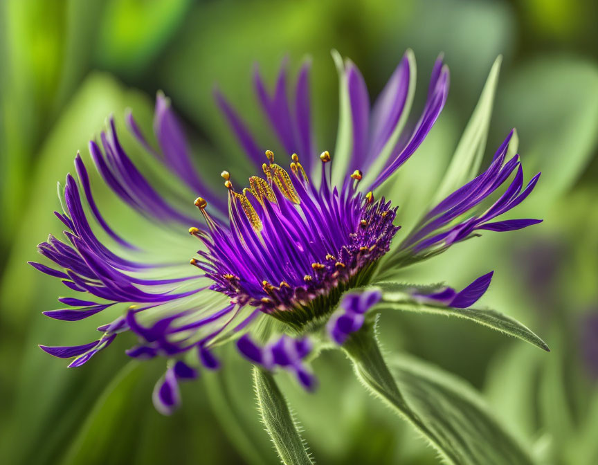 Vibrant purple flower with long petals and yellow stamens on green backdrop