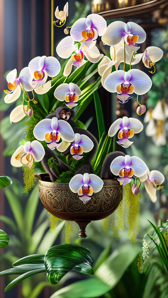 Bronze vase with white and purple Phalaenopsis orchids on dark green backdrop